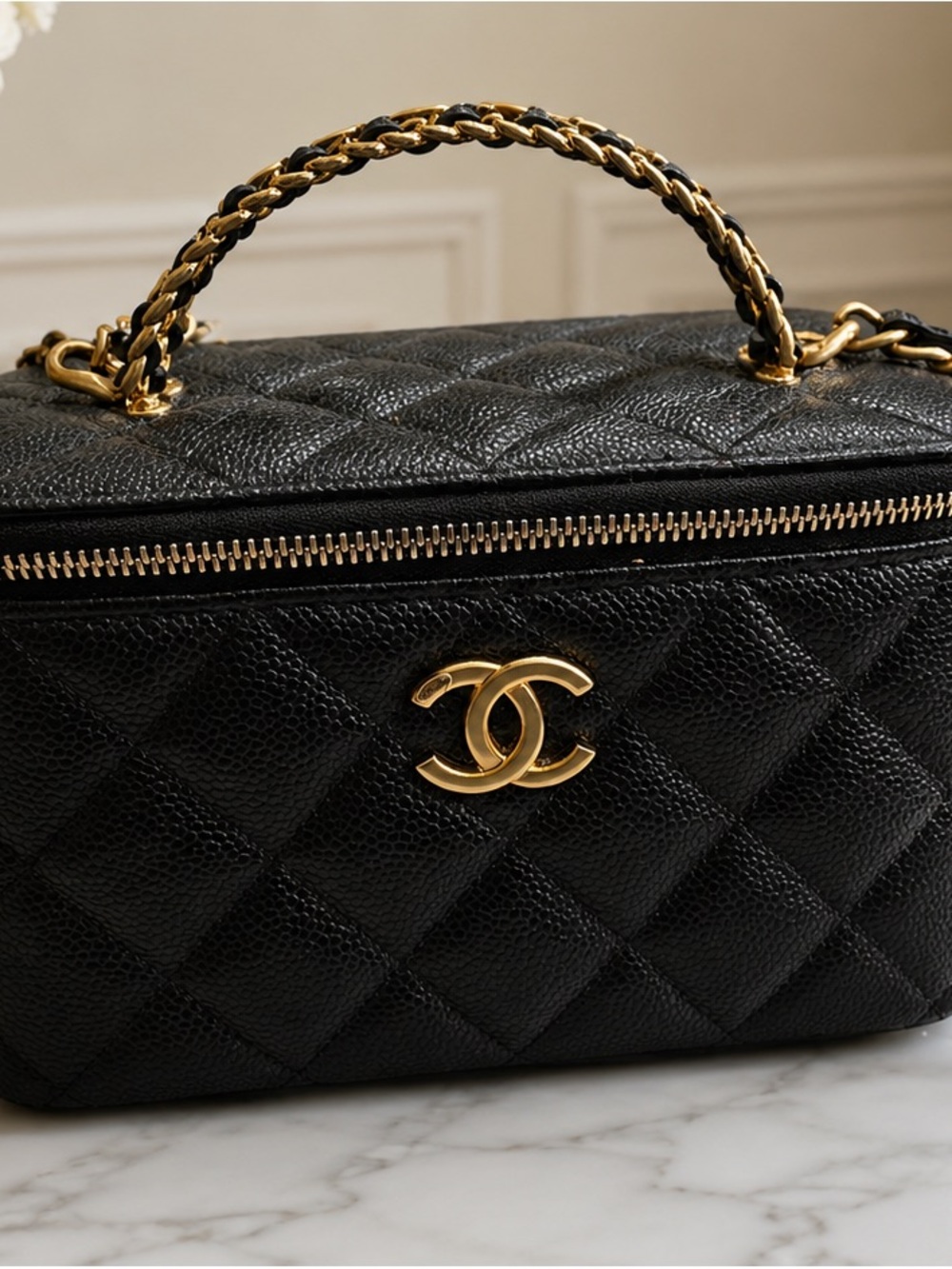 CHANEL Black Quilted Vanity Case with Gold Chain Top Handle